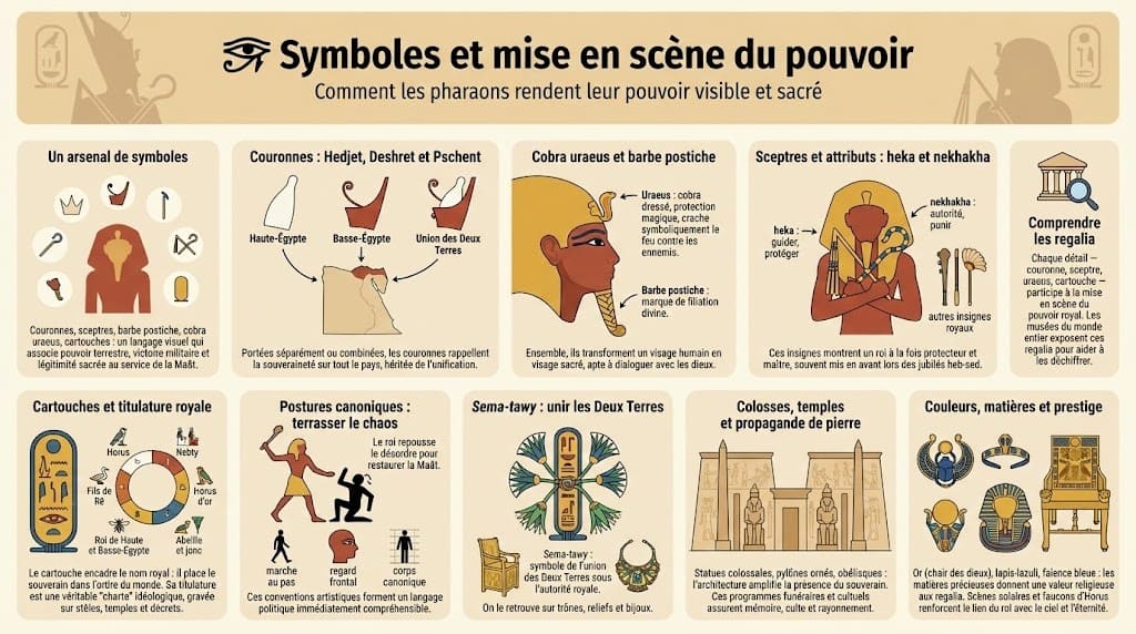 Infographie détaillant les principaux symboles du pouvoir pharaonique (couronnes Hedjet, Deshret et Pschent, cobra uraeus, barbe postiche, sceptres heka et nekhakha, cartouches, sema-tawy et scènes du roi qui terrasse le chaos).