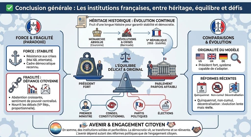 Infographie de conclusion sous forme de balance. Elle synthétise l'équilibre entre les pouvoirs (Président, Parlement, Justice), la tension entre stabilité et besoin de réforme, et le rôle central des citoyens.