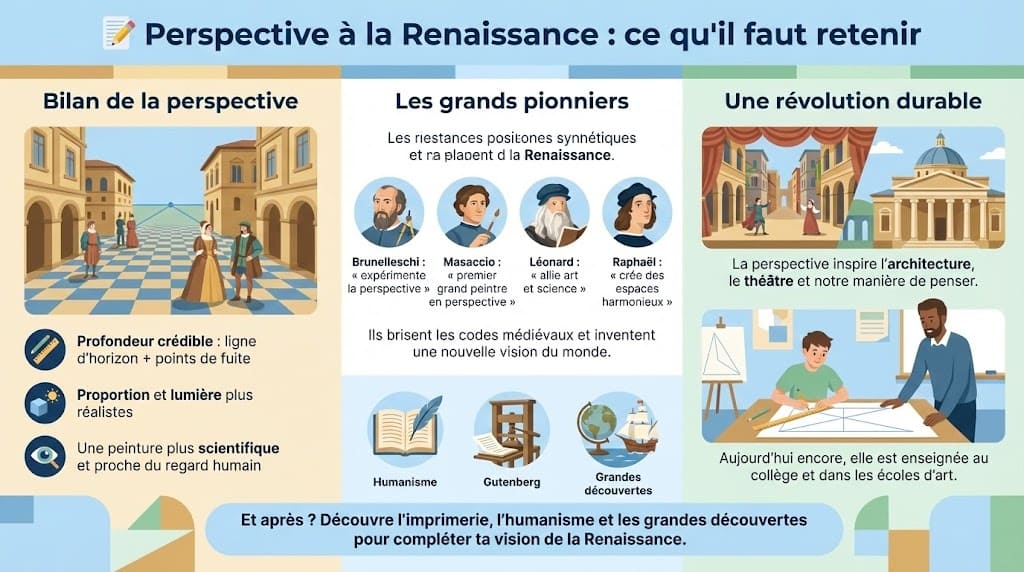 Infographie de synthèse divisée en trois parties : à gauche, le bilan technique de la perspective (profondeur, proportion, science) illustré par une scène ; au centre, les portraits des pionniers (Brunelleschi, Masaccio, Léonard, Raphaël) ; à droite, l'influence durable sur le théâtre, l'architecture et l'enseignement artistique actuel. Un bandeau en bas ouvre sur l'humanisme et l'imprimerie.
