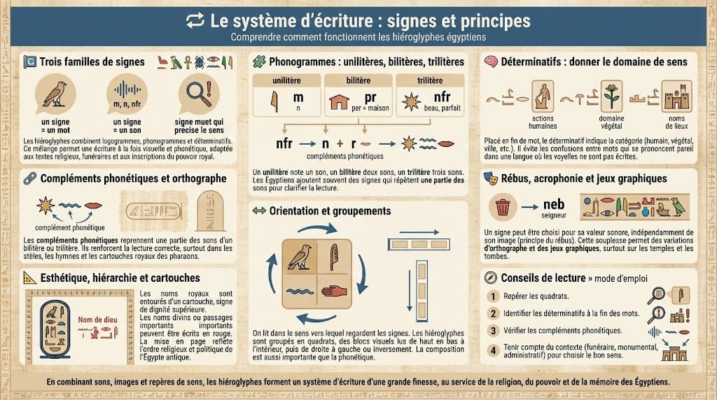Infographie expliquant le fonctionnement des hiéroglyphes égyptiens, avec les logogrammes, phonogrammes, déterminatifs, compléments phonétiques, orientation des signes et groupements en quadrats.