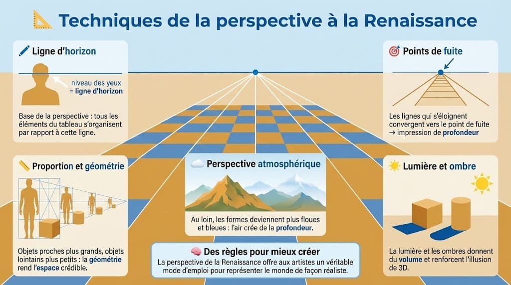 Infographie pédagogique détaillée sur les techniques de la perspective à la Renaissance. Cinq blocs illustrent la ligne d’horizon, les points de fuite, la proportion géométrique, la lumière et l'ombre, et la perspective atmosphérique, organisés autour d'un grand sol en damier convergeant vers un point de fuite central.