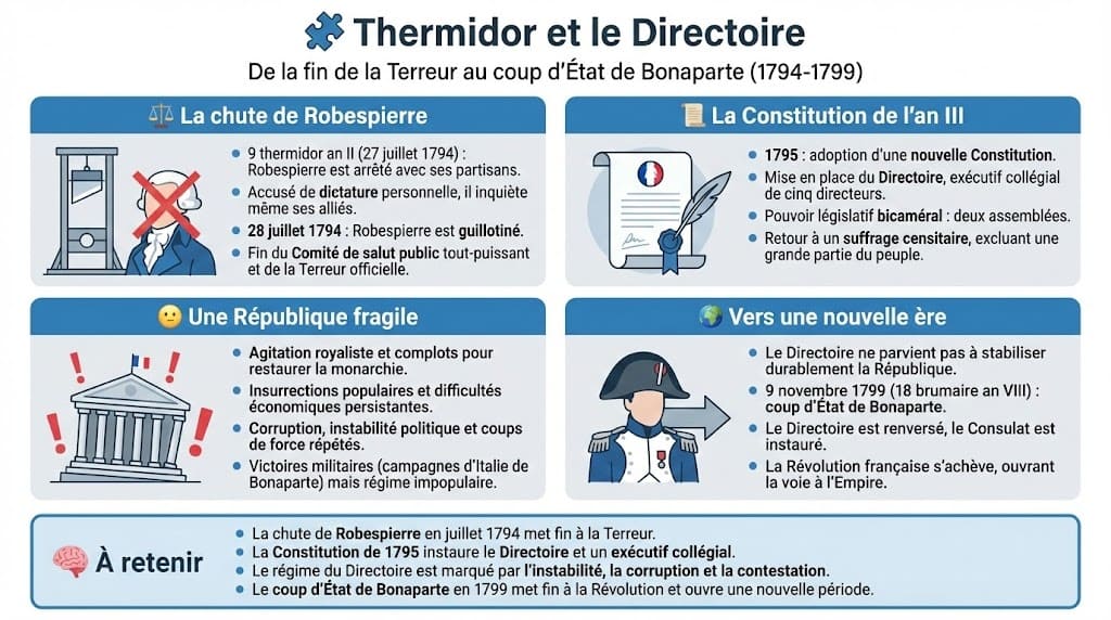 Infographie sur la période post-Terreur. Elle résume la chute de Robespierre (Thermidor), l'instauration du Directoire par une nouvelle Constitution (régime censitaire), l'instabilité chronique de cette république bourgeoise, et sa fin avec le coup d'État du 18 brumaire par Napoléon Bonaparte.