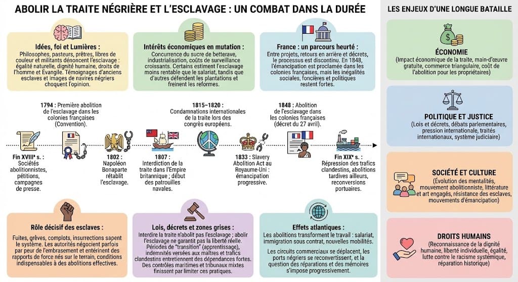 Infographie synthétisant les grandes étapes des abolitions de la traite et de l’esclavage entre la fin du XVIIIe et le XIXe siècle, ainsi que les arguments moraux, religieux, économiques et politiques associés.