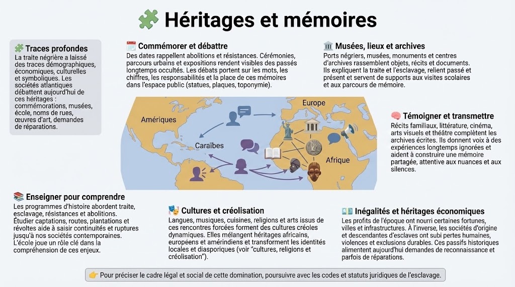 Infographie sur les héritages démographiques, économiques, culturels et mémoriels de la traite négrière et de l’esclavage dans les sociétés atlantiques contemporaines.