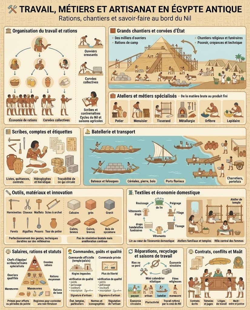 Infographie montrant l’organisation du travail en Égypte antique : chantiers monumentaux, ateliers d’artisans, batellerie sur le Nil, scribes tenant les comptes, outils et matériaux utilisés.