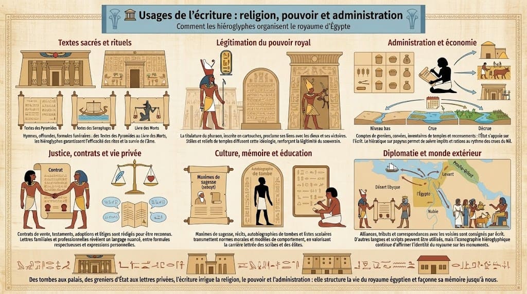 Infographie montrant comment l’écriture égyptienne sert aux textes sacrés, à la légitimation du pouvoir royal, à la gestion économique, à la justice, à la vie privée et à la diplomatie avec les autres royaumes.