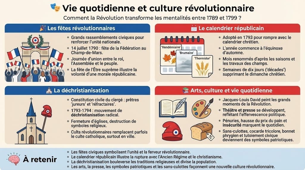 Infographie tricolore sur les transformations culturelles entre 1789 et 1799. Elle aborde les fêtes civiques, le calendrier républicain, la déchristianisation, et les nouveaux symboles patriotiques (bonnet phrygien, tutoiement, cocarde) qui marquent la vie de tous les jours.