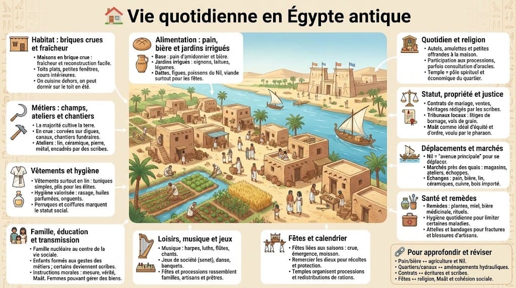 Illustration détaillée de la vie quotidienne dans un village égyptien antique, montrant l'habitat en briques crues, l'alimentation (pain, bière), la vie de famille, les loisirs et les métiers.