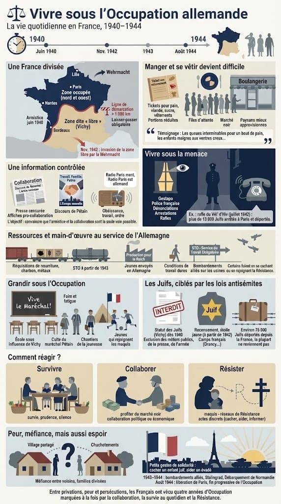 Schéma illustrant la vie en France occupée : pénuries, tickets de rationnement, ligne de démarcation, propagande de Vichy et répression.