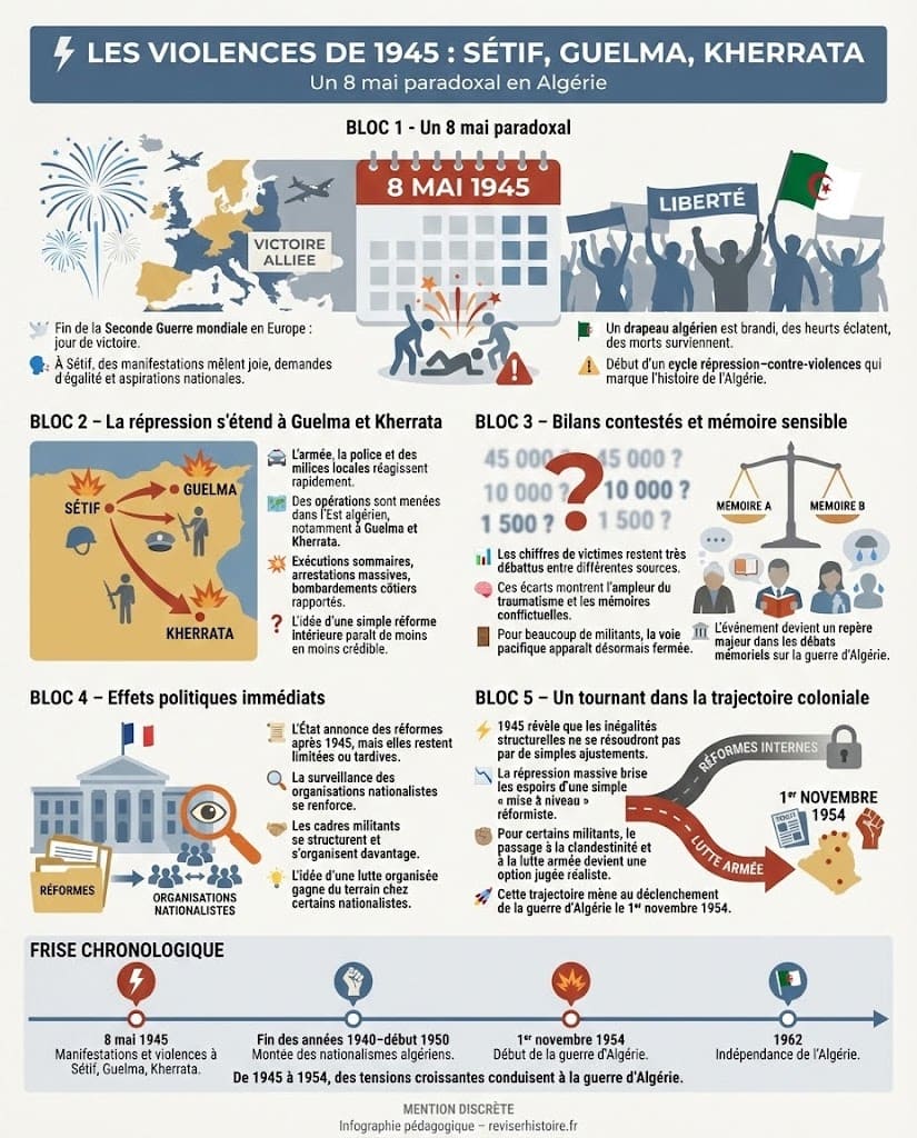 Infographie retraçant les événements du 8 mai 1945 à Sétif, Guelma et Kherrata, les manifestations, la répression, les bilans contestés et l’impact de ces violences sur la radicalisation qui mène à la guerre d’Algérie.