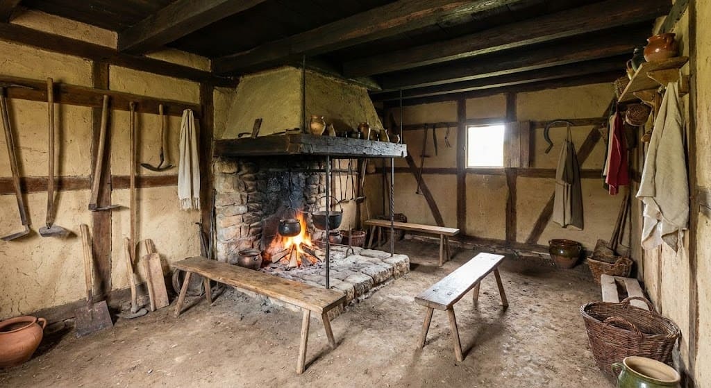 Photographie d'une reconstitution de l'intérieur d'une maison paysanne médiévale, montrant un grand foyer ouvert en pierre avec un feu, des bancs en bois rustiques sur un sol en terre battue, et des outils agricoles accrochés aux murs à colombages