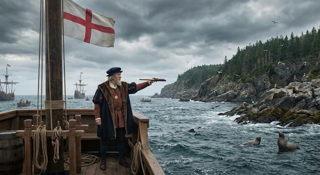 Image de Jean Cabot sur son navire le Matthew en 1497, pointant vers la côte rocheuse de Terre-Neuve, avec un drapeau anglais et d'autres navires en arrière-plan, ouvrant la voie à l'exploration atlantique.