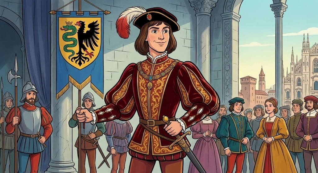 Illustration dans un style dessin animé représentant Maximilien Sforza en riche costume d'époque Renaissance italienne, portant une toque à plume.