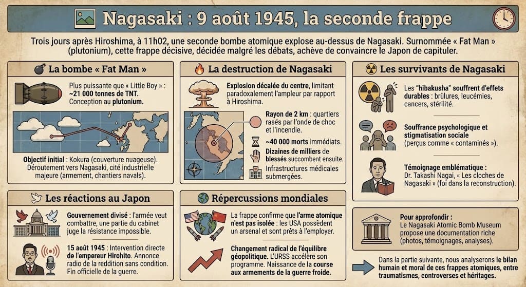 Infographie sur le bombardement atomique de Nagasaki : la bombe Fat Man, la destruction de la ville, les survivants, les réactions au Japon et les répercussions mondiales