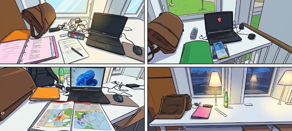 Montage de quatre bureaux différents avec ordinateur portable, cours et cahiers, montrant mon organisation pour préparer le DAEU
