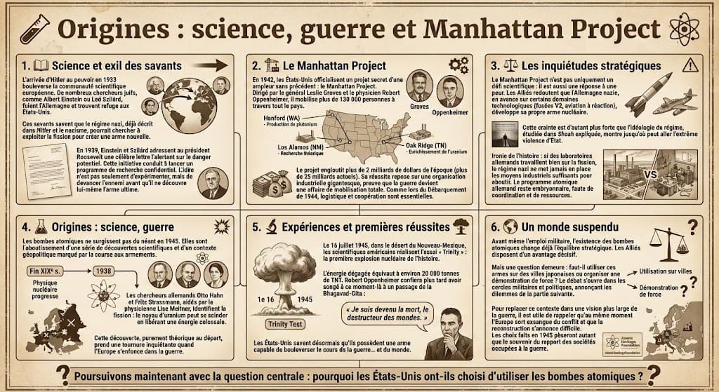 Infographie expliquant les origines des bombes atomiques : exil des savants, Manhattan Project, inquiétudes stratégiques et premières réussites