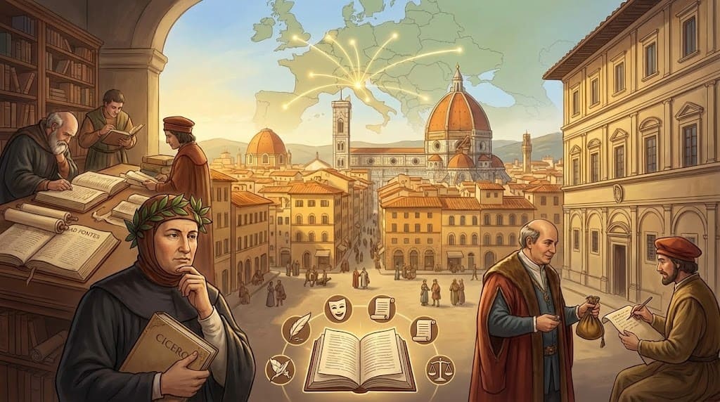 Illustration panoramique de Florence au XIVe siècle symbolisant l'humanisme. Au premier plan, Pétrarque tient un livre de Cicéron à gauche, et un mécène (Médicis) paie un artiste à droite. Au centre, les symboles des studia humanitatis et une carte montrant la diffusion des idées en Europe.