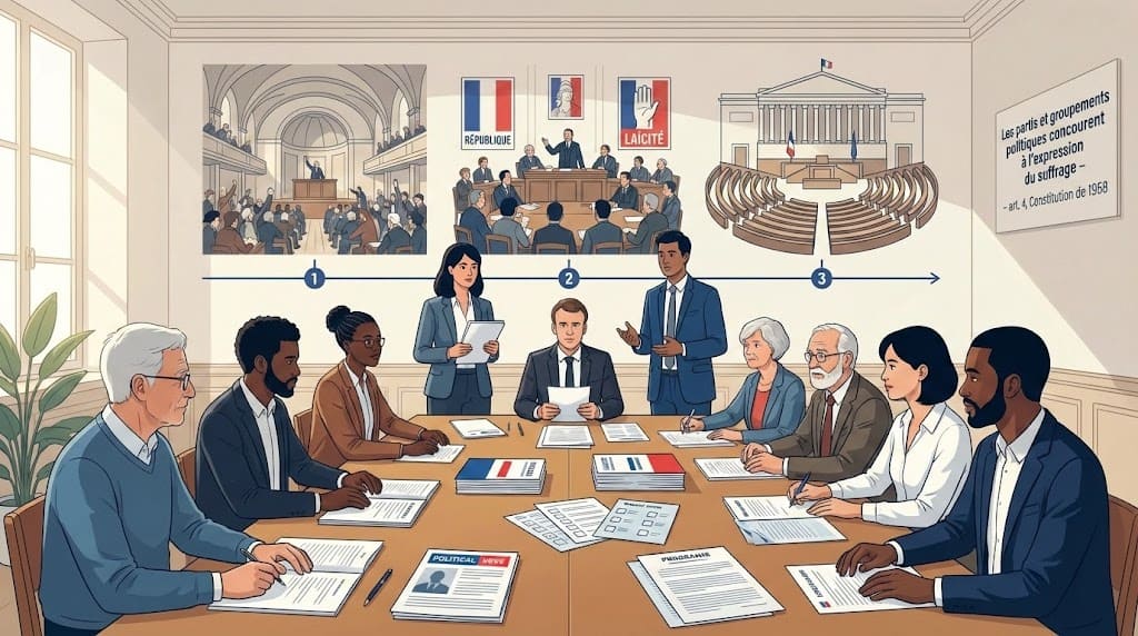 Illustration pédagogique montrant des citoyens qui débattent et une frise historique sur la naissance des partis politiques en France