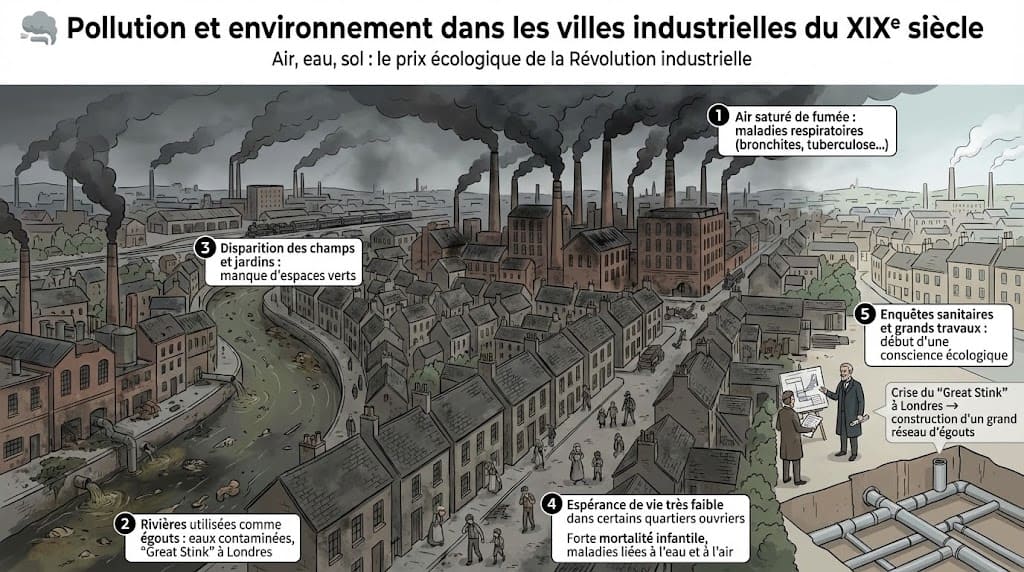Vue d'ensemble d'une ville industrielle du XIXe siècle saturée de fumée, illustrant en plusieurs points la pollution de l'air et de l'eau, le manque d'espaces verts et les conséquences sur la santé des habitants.