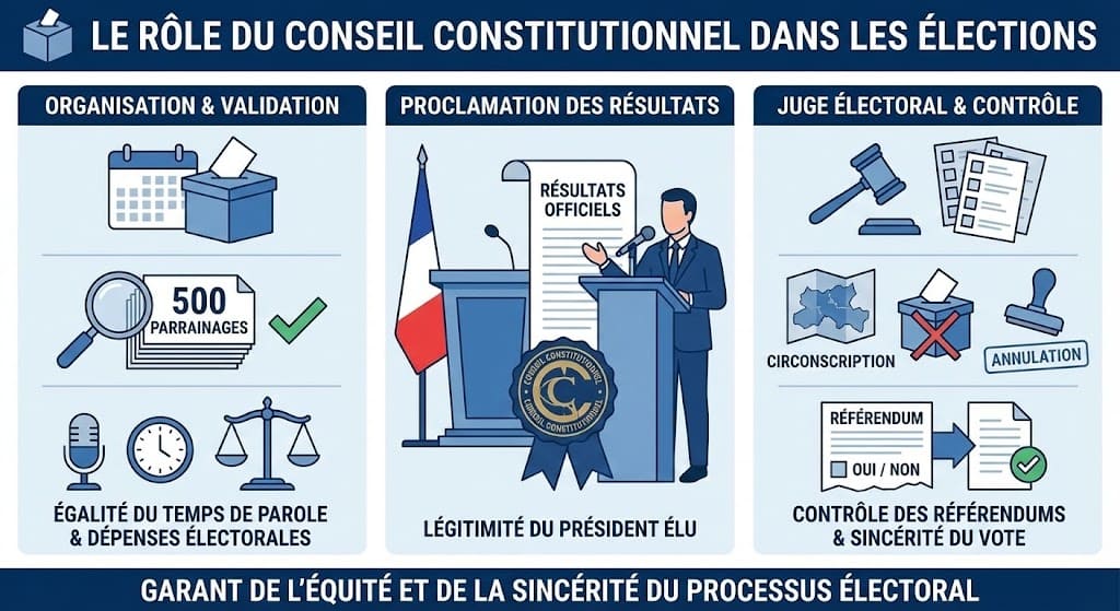 Schéma explicatif des fonctions du Conseil constitutionnel lors des élections : validation des candidatures, contrôle des règles de campagne, proclamation des résultats et annulation en cas d'irrégularités.