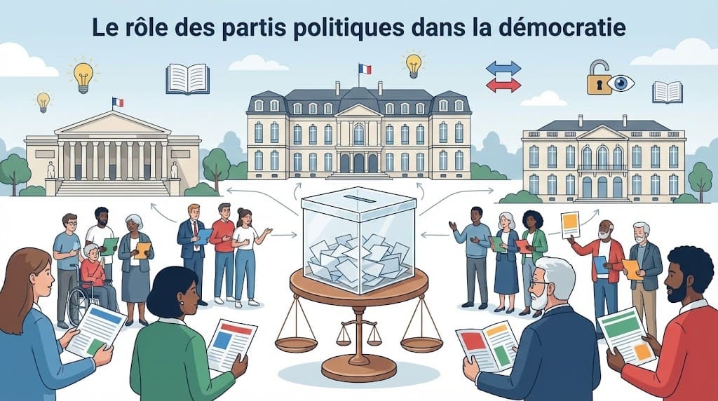 Illustration montrant une urne de vote et les institutions de la Ve République reliées par des partis politiques jouant un rôle de médiation