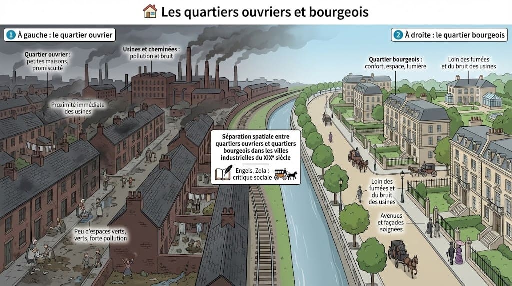Illustration de la ségrégation spatiale montrant la séparation nette, par une voie ferrée et un canal, entre les quartiers ouvriers pollués près des usines et les quartiers bourgeois aérés et préservés.
