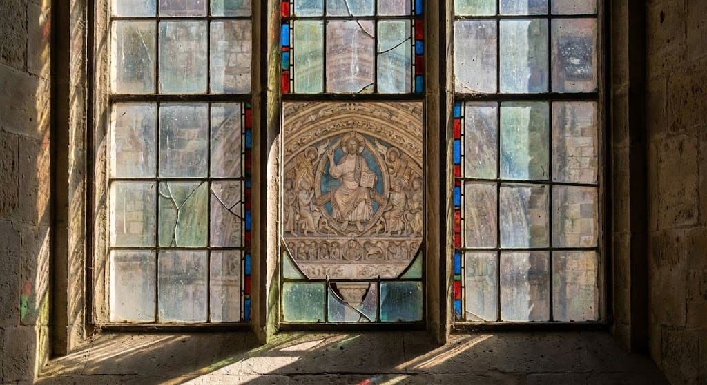 Photographie prise depuis l'intérieur de l'abbatiale de Moissac, montrant le célèbre tympan sculpté du Christ en gloire à travers les carreaux anciens et sales d'une fenêtre à meneaux.