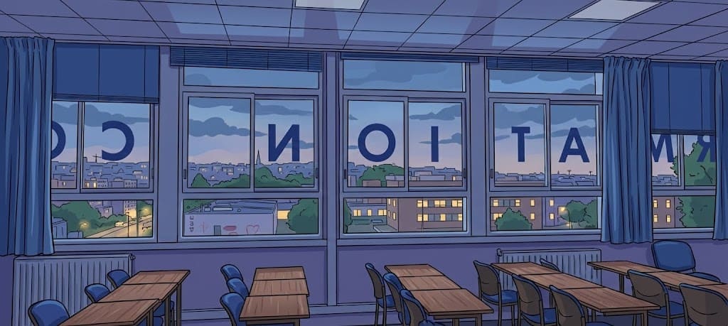 Salle de cours vide du DAEU à l’UBO à la tombée de la nuit, après une journée de formation continue