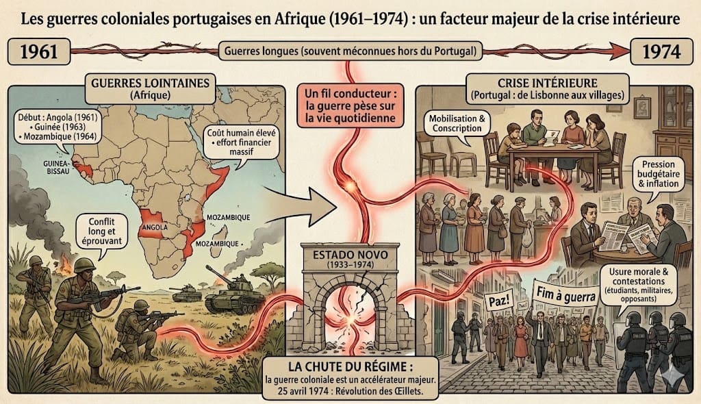 Infographie détaillée illustrant le lien entre les guerres coloniales portugaises en Afrique (Angola, Guinée, Mozambique) et la crise intérieure au Portugal. À gauche, carte de l'Afrique et soldats au combat montrant un conflit long et coûteux. Un fil rouge relie cette partie à la droite, montrant l'impact sur la vie quotidienne portugaise : mobilisation, inflation, files d'attente et manifestations contre la guerre. Au centre bas, une arche 'Estado Novo (1933-1974)' se brise, menant à la 'Révolution des Œillets' du 25 avril 1974.