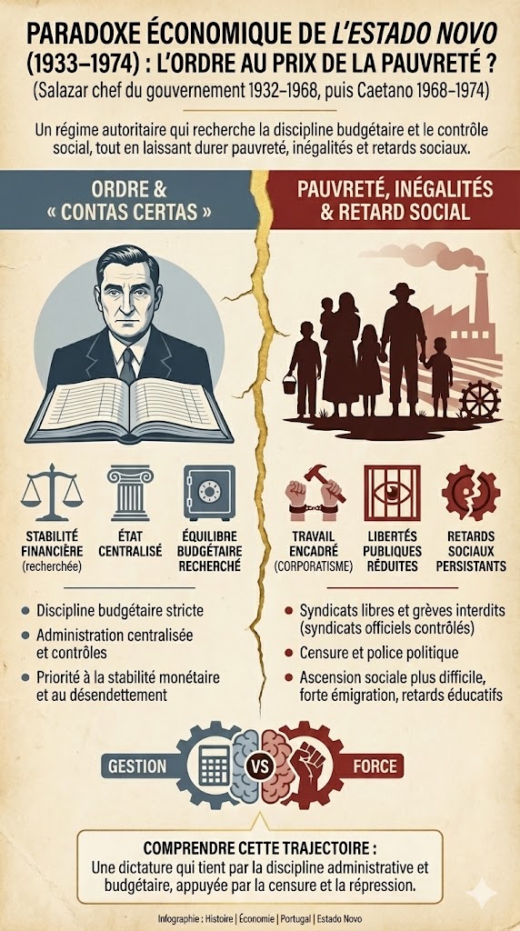 Infographie verticale divisée en deux illustrant le paradoxe de l'économie de l'Estado Novo portugais sous Salazar et Caetano. La partie gauche bleue, 