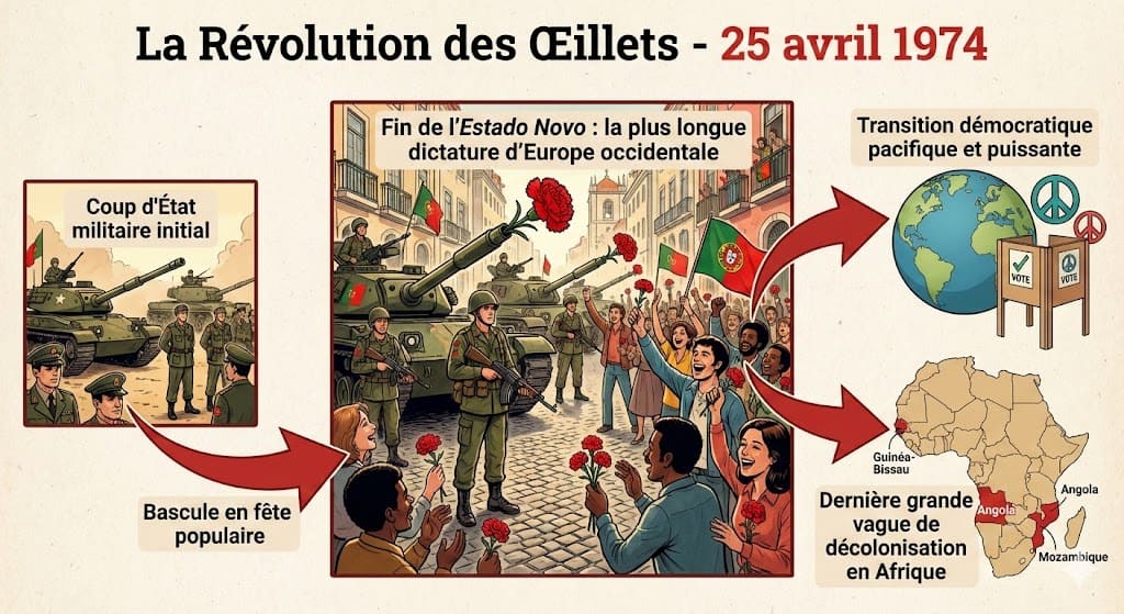 Infographie détaillée expliquant la Révolution des Œillets au Portugal. Le panneau de gauche montre le 'Coup d'État militaire initial' avec des chars. Le panneau central illustre la 'Bascule en fête populaire' et la fin de la dictature, où des soldats glissent des œillets rouges dans les canons de leurs fusils face à une foule joyeuse. Les panneaux de droite montrent une 'Transition démocratique pacifique' avec une urne de vote et un globe, ainsi qu'une carte de l'Afrique soulignant la 'Dernière grande vague de décolonisation' (Angola, Mozambique, Guinée-Bissau).