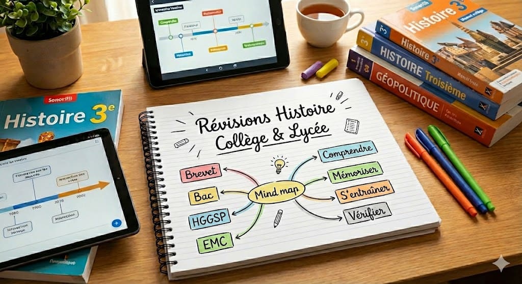 Photographie en vue de dessus (flat lay) d'un bureau d'élève organisé en trois zones pour les révisions du Brevet des Collèges. La zone 