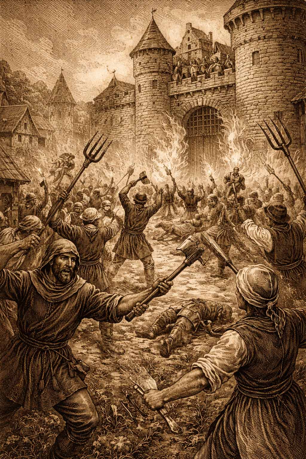 Gravure historique en style ancien montrant une révolte paysanne au Moyen Âge contre les seigneurs, avec des paysans armés d’outils agricoles attaquant un château fort en flammes.