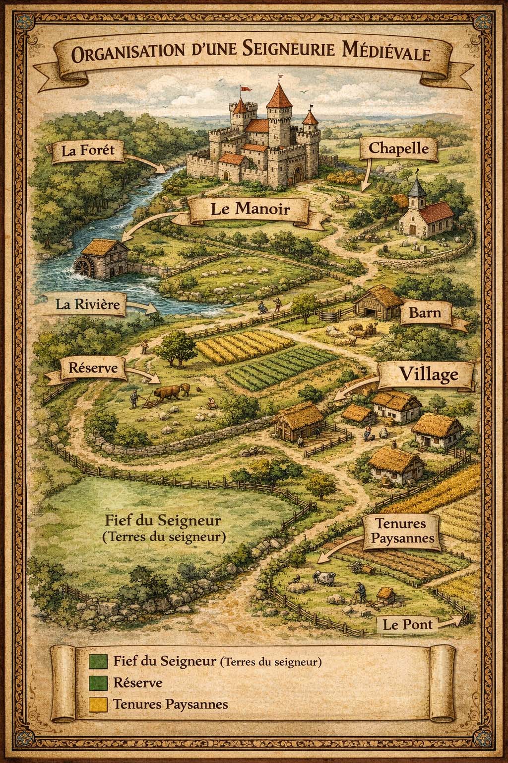 Illustration pédagogique montrant l’organisation d'une seigneurie médiévale avec manoir fortifié, réserve seigneuriale, tenures paysannes, village, chapelle, moulin, rivière et forêt, présentés sur un plan détaillé.
