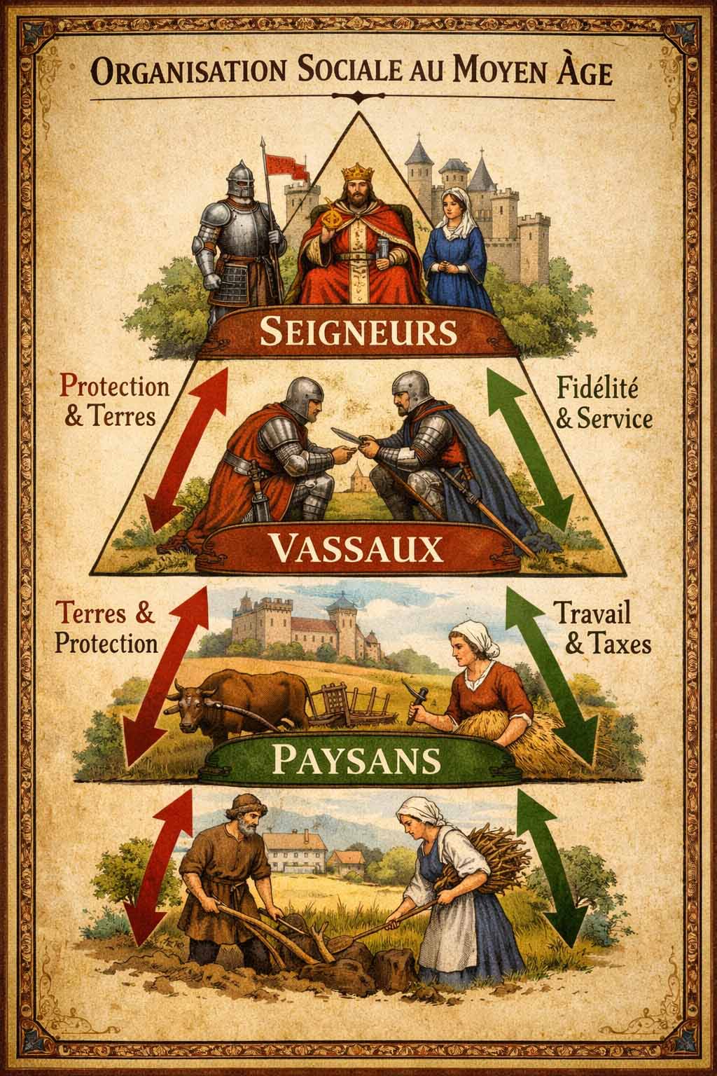 Schéma pédagogique en forme de pyramide illustrant l’organisation sociale au Moyen Âge avec seigneurs au sommet, vassaux au centre et paysans à la base, reliés par des flèches montrant les relations de protection, fidélité, travail et taxes.