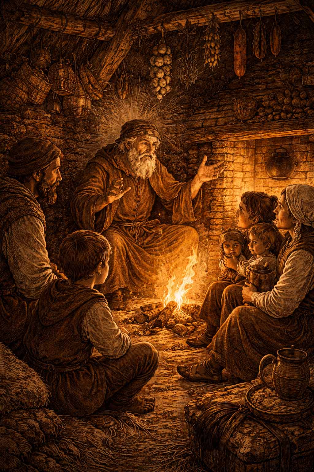 Illustration montrant des paysans réunis autour du feu lors d’une veillée au Moyen Âge, écoutant un conteur, illustrant les contes et la culture orale dans les campagnes médiévales.