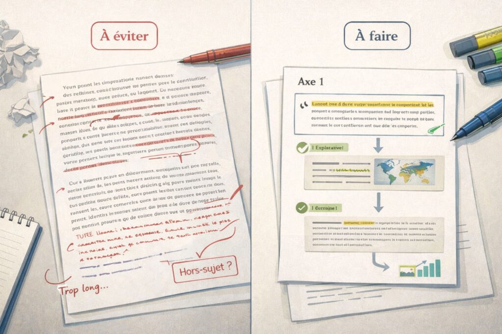 Comparaison visuelle entre une mauvaise copie et une bonne copie d’analyse de document HGGSP au bac