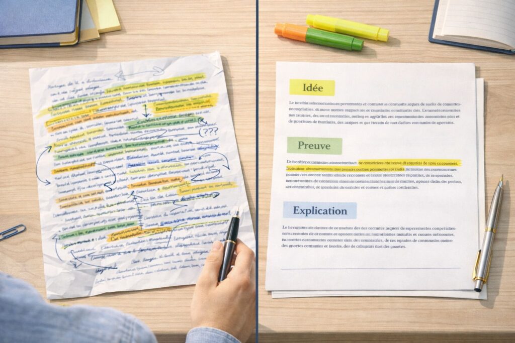 Image pédagogique opposant une copie brouillonne qui paraphrase à une copie claire et structurée d’analyse de document HGGSP, sur un bureau d’élève avec feuilles, stylo et surligneurs.