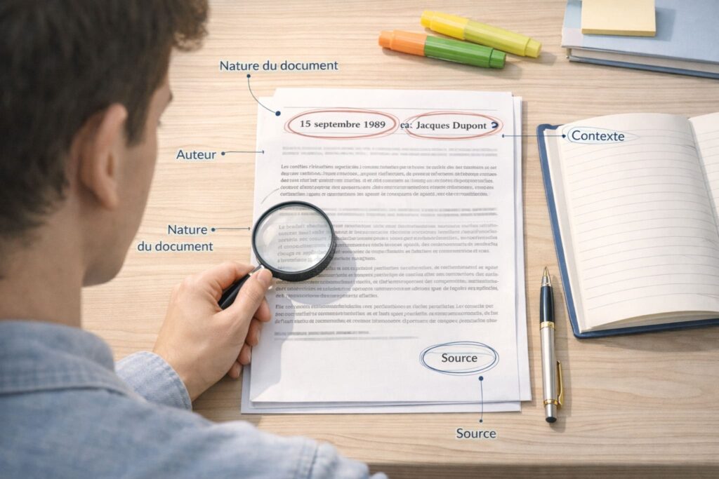Élève de lycée français concentré sur un document imprimé au centre du bureau, avec repères visuels discrets pour identifier la nature du document, l’auteur, la date, la source et le contexte avant de commencer l’analyse HGGSP.