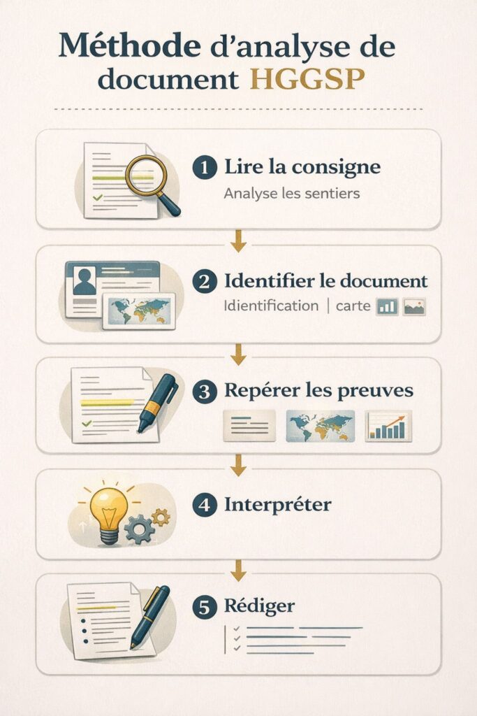 Infographie sur la méthode d’analyse de document HGGSP en 5 étapes : lire la consigne, identifier, repérer, interpréter, rédiger