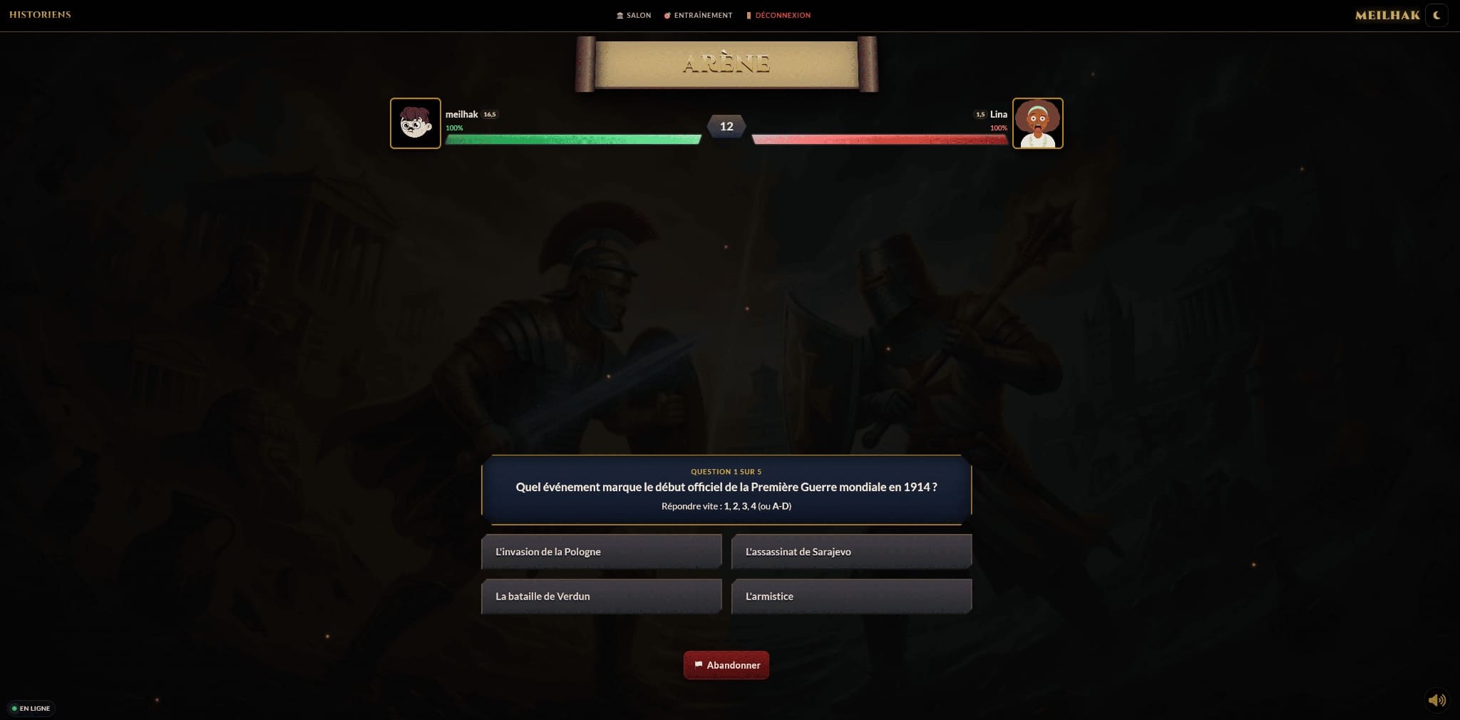 [Image de l'arène de duel avec une question sur la Première Guerre mondiale]
